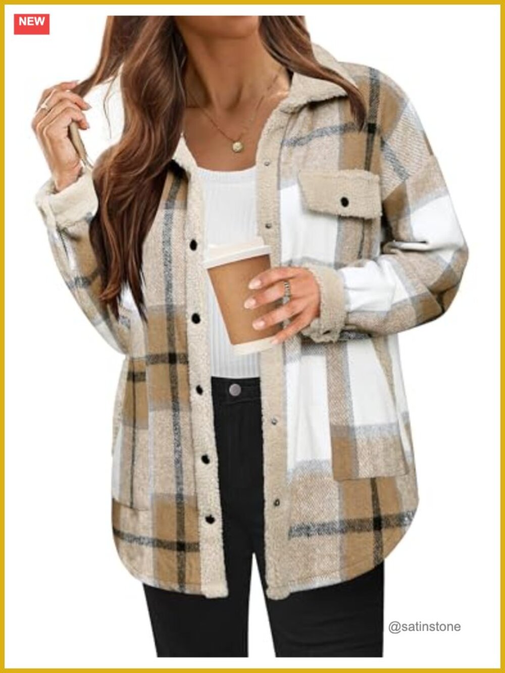 Women's Flannel Shacket with Sherpa Trim Button Down Loose Fit Winter Coat